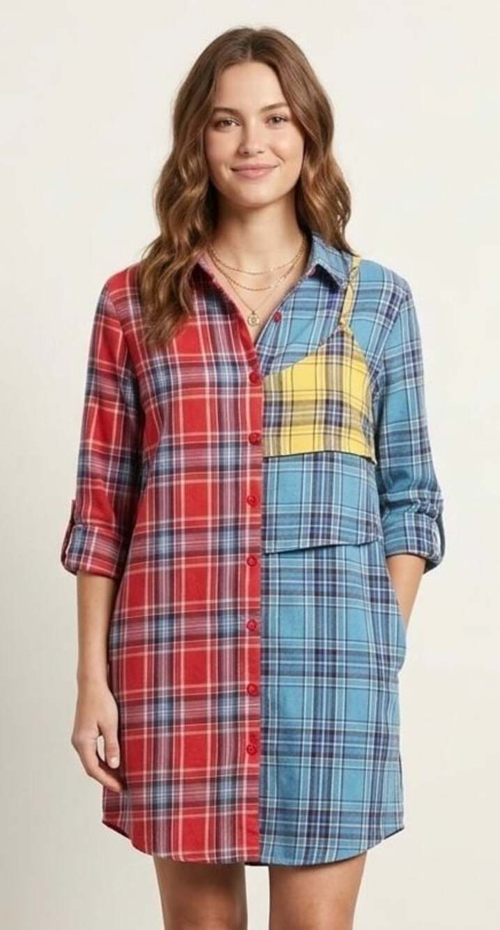 Cherry Mellow Multi-Color Plaid Asymmetrical Button-Down Shirt Dress